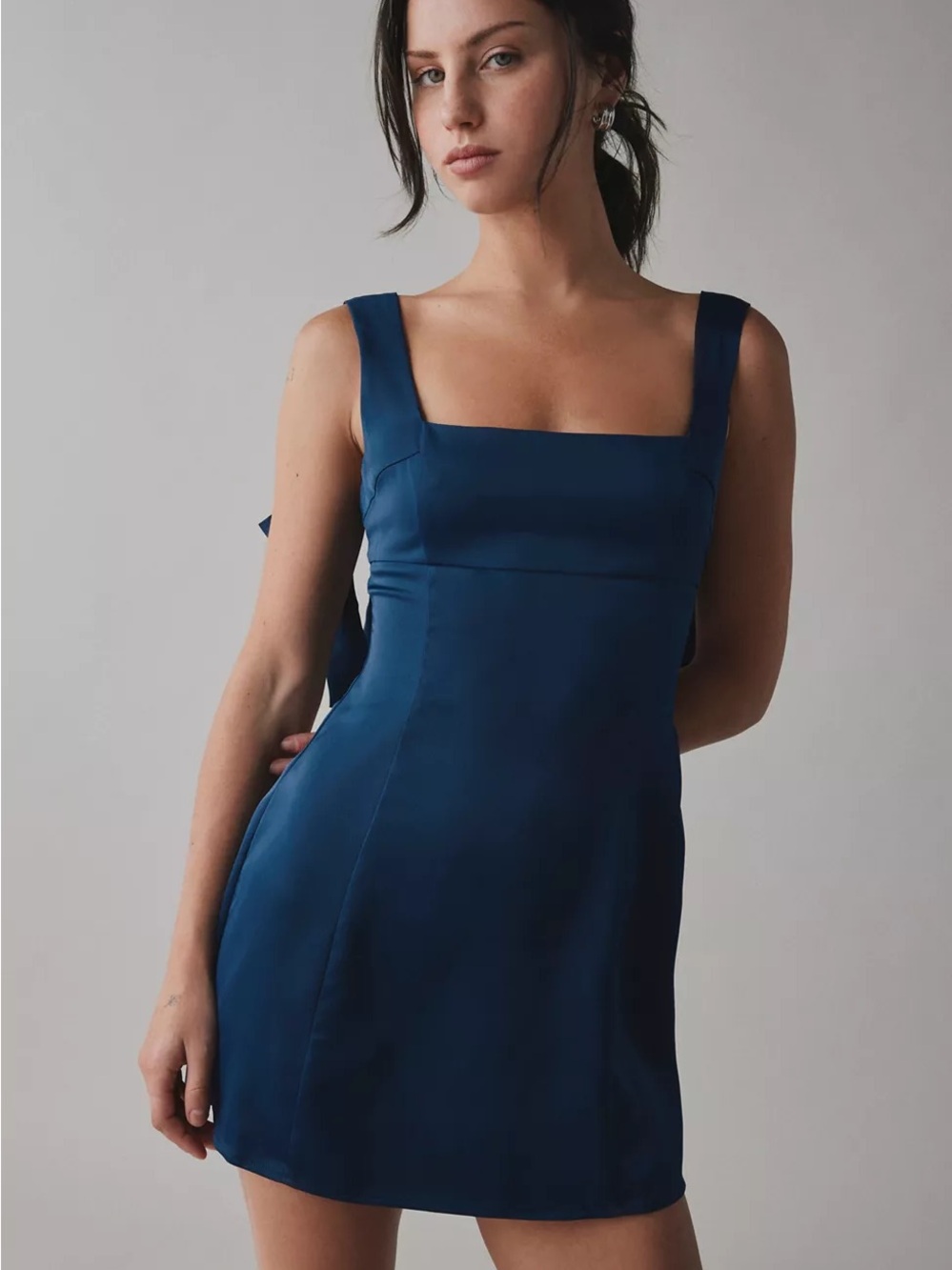 UO Bri Double Bow Satin Mini Dress in Navy